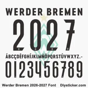 Werder Bremen 2026-2027 font character map featuring black uppercase alphabet and numbers on light background