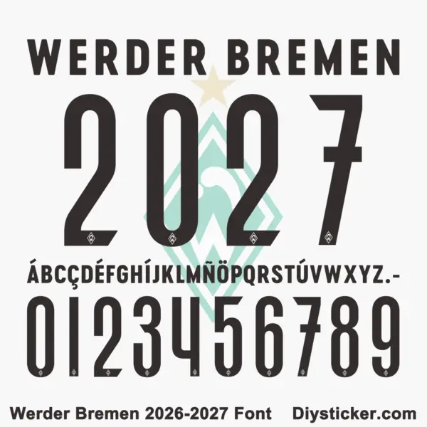 Werder Bremen 2026-2027 font character map featuring black uppercase alphabet and numbers on light background